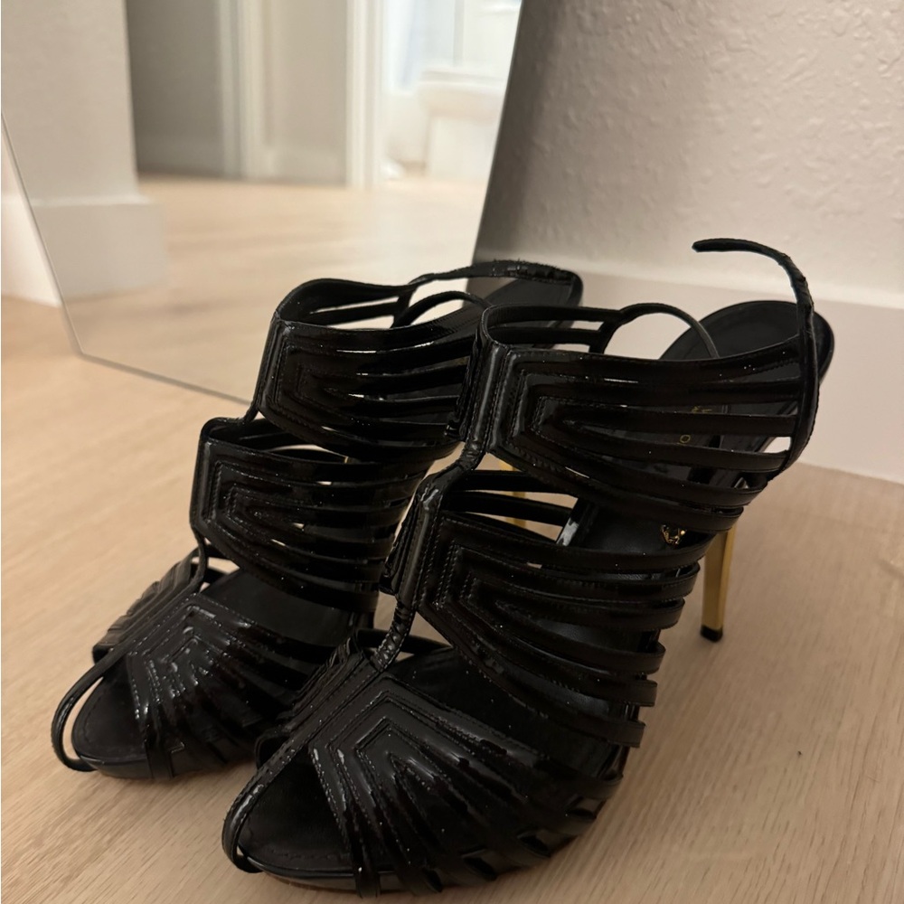 Louis Vuitton Black Patent Leather Caged Slingback Heels Size 40 Women’s Heels